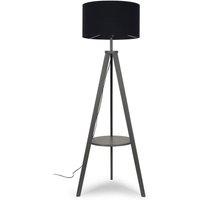 ValueLights Morrigan Grey Wood Tripod Floor Lamp with Fabric Drum Lamp Shade in Black