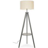 ValueLights Morrigan Grey Wood Tripod Floor Lamp with Fabric Drum Lamp Shade in Natural