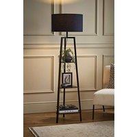 ValueLights Hiru Black 3 Tier Wooden Shelf Floor Lamp with Large Drum Shade in Navy