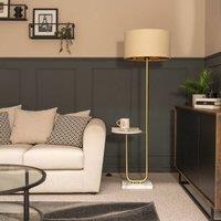 ValueLights Tavel Brushed Gold Marble Base Floor Lamp With Table And Large Beige/Gold Shade