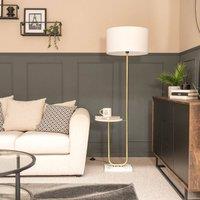 ValueLights Tavel Brushed Gold Marble Base Floor Lamp With Table And Large White Shade in Brown