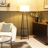 ValueLights Hiru Black 3 Tier Shelf Floor Lamp with Boucle Shade and Bulb in Cream