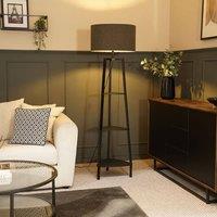 ValueLights Hiru Black 3 Tier Shelf Floor Lamp with Boucle Shade and Bulb in Charcoal