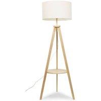 ValueLights Morrigan Wooden Tripod Floor Lamp and Cream Boucle Drum Shade and Bulb in Natural