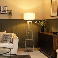 ValueLights Hiru Grey 3 Tier Wooden Shelf Floor Lamp with Boucle Drum Shade in Cream