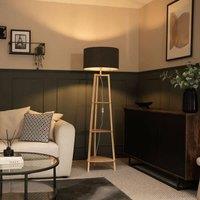ValueLights Hiru 3 Tier Wooden Shelf Floor Lamp with Boucle Drum Shade in Charcoal