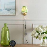 ValueLights Pair of - Plug in Antique Brass Easy Fit Wall Lights with Green Pleated Fabric Tapered Lampshade