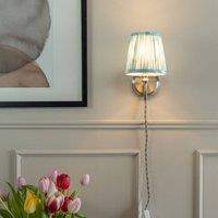 ValueLights Pair of - Plug in Brushed Chrome Easy Fit Wall Lights with Blue Pleated Fabric Tapered Lampshade