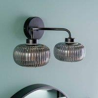 ValueLights Amaia Pair of Matte Black IP44 Rated 2 Way Smoked Ribbed Glass Wall Lights