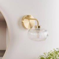 ValueLights Amaia Pair of Brushed Gold IP44 Clear Ribbed Glass Wall Lights with LED Bulbs