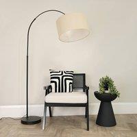 ValueLights Louis Black Arched Curved Floor Lamp with Fabric Drum Lamp Shade in Natural