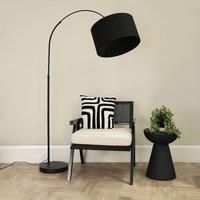 ValueLights Louis Black Arched Curved Floor Lamp with Fabric Drum Lamp Shade
