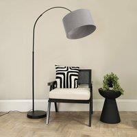 ValueLights Louis Black Arched Curved Floor Lamp with Fabric Drum Lamp Shade in Grey