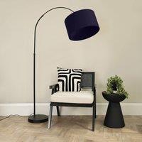 ValueLights Louis Black Arched Curved Floor Lamp with Fabric Drum Lamp Shade in Navy