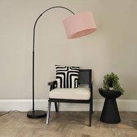 ValueLights Louis Black Arched Curved Floor Lamp with Fabric Drum Lamp Shade in Dusty Pink
