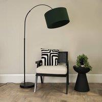 ValueLights Louis Black Arched Curved Floor Lamp with Fabric Drum Lamp Shade in Bottle Green