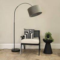 ValueLights Louis Black Arched Curved Floor Lamp with Velvet Drum Lamp Shade in Grey