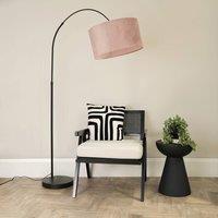 ValueLights Louis Black Arched Curved Floor Lamp with Velvet Drum Lamp Shade in Dusty Pink