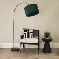 ValueLights Louis Black Arched Curved Floor Lamp with Velvet Drum Lamp Shade in Bottle Green