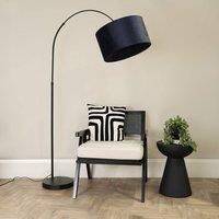 ValueLights Louis Black Arched Curved Floor Lamp with Velvet Drum Lamp Shade in Navy