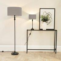 ValueLights Maggie Black Metal Candlestick Floor Lamp with Fabric Lamp Shade in Grey
