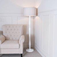 ValueLights Victoria White Wood Traditional Stem Floor Lamp with Fabric Drum Shade in Grey