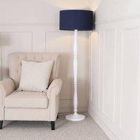 ValueLights Victoria White Wood Traditional Stem Floor Lamp with Fabric Drum Shade in Navy