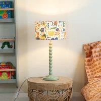 ValueLights Bobbins Sage Green Table Lamp with Fabric Jungle Drum Lamp Shade with LED Bulb