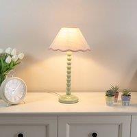 ValueLights Bobbins Sage Green Table Lamp with Tapered Natural Linen Scallop Shade with Bulb in Pale Pink
