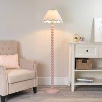 ValueLights Bobbins Rose Pink Floor Lamp with Tapered Linen Scallop Shade and LED Bulb in Pale Blue