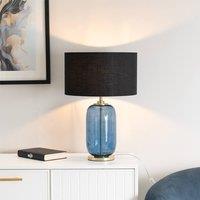 ValueLights Leigh Fabric Drum Shade with Navy Blue Glass and Gold Trim Table Lamp with Bulb in Black