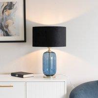 ValueLights Leigh Velvet Drum Shade with Navy Blue Glass and Gold Trim Table Lamp with Bulb in Black