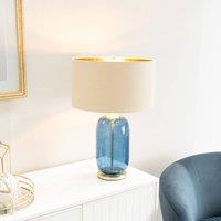 ValueLights Leigh Beige with Gold Shade with Navy Blue Glass and Gold Table Lamp & LED Bulb