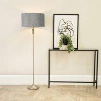 ValueLights Maggie Brushed Chrome Candlestick Floor Lamp with Velvet Lamp Shade and LED Bulb in Grey