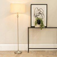 ValueLights Maggie Brushed Chrome Candlestick Floor Lamp with Fabric Shade with LED Bulb in Natural