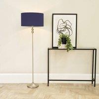 ValueLights Maggie Brushed Chrome Candlestick Floor Lamp with Fabric Shade with LED Bulb in Navy