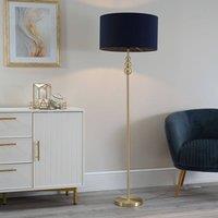 ValueLights Marissa Fabric Drum Shade with Brushed Gold Ball Floor Lamp with Bulb in Navy