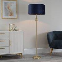 ValueLights Marissa Velvet Drum Shade with Brushed Gold Stacked Floor Lamp with LED Bulb in Navy