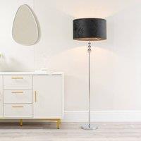ValueLights Marissa Velvet Drum Shade with Chrome Stacked Ball Floor Lamp with LED Bulb in Black