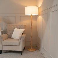 ValueLights Victoria Light Wood Traditional Floor Lamp with Fabric Drum Shade and LED Bulb in White