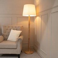ValueLights Victoria Light Wood Traditional Floor Lamp with Fabric Tapered Shade and Bulb in White