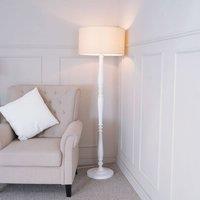 ValueLights Victoria White Wood Traditional Floor Lamp with Fabric Drum Shade and LED Bulb in Natural