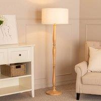 ValueLights Victoria Candlestick Light Wood Floor Lamp with Cream Boucle Drum Lamp Shade in Natural
