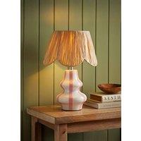 ValueLights Perrie Ceramic Pink Stripe Table Lamp with Raffia Lamp Shade and LED Bulb