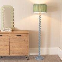 ValueLights Bobbins Powder Blue Floor Lamp with Ruched Pleated Drum Lamp Shade in Pale Green