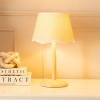 ValueLights Triston Natural Light Wood Stem Table Lamp with Scallop Trim Tapered Lamp Shade in White