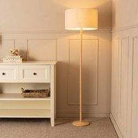 ValueLights Triston Natural Light Wood Floor Lamp with Linen Trim Lamp Shade in White