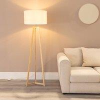 ValueLights Lottie Natural Wood Tripod Floor Lamp with Linen White Trim Drum Lamp Shade