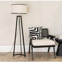 ValueLights Lottie Black Wood Tripod Floor Lamp with Linen Black Trim Drum Lamp Shade