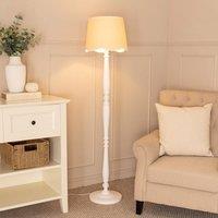 ValueLights Victoria White Wood Candlestick Floor Lamp with Linen Scallop Trim Tapered Shade